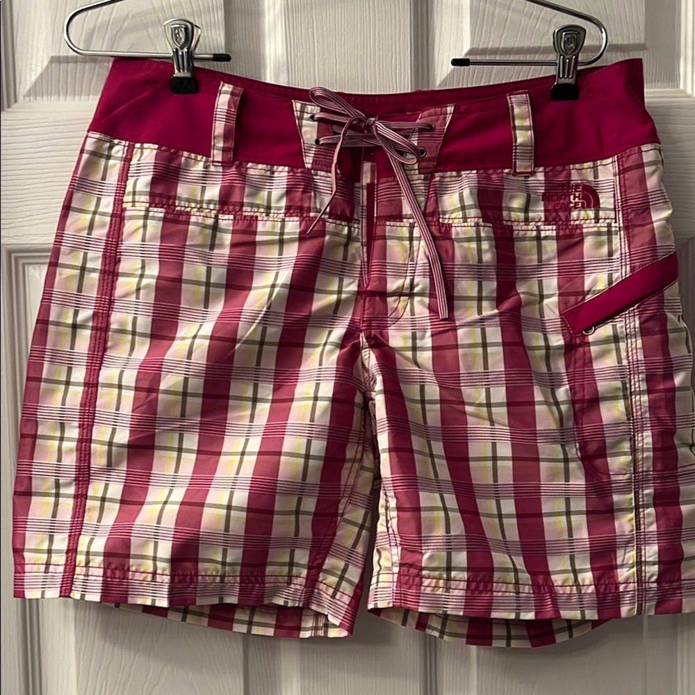 The North Face Pink and White Cargo Shorts with Plaid Design